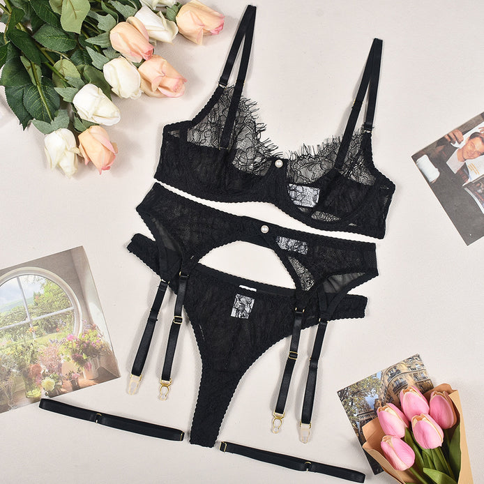 Ensemble Lingerie Sexy 3 Pièces – Dentelle & Jarretelles