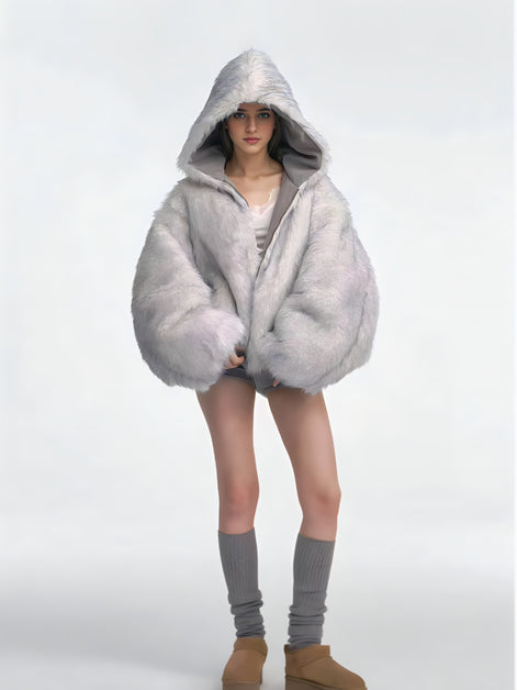 Blouson Oversize Réversible avec Col Fourrure