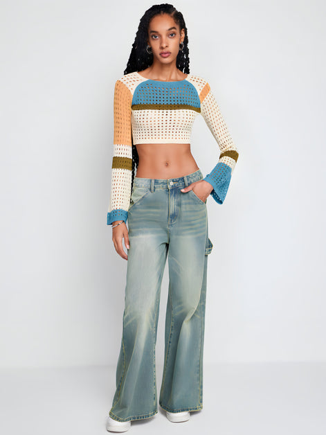 Pull Cropped Maille ajourée & Manches évasées