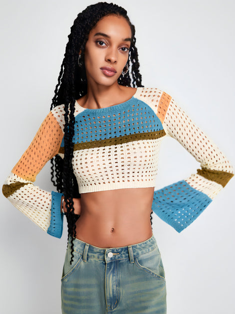 Pull Cropped Maille ajourée & Manches évasées