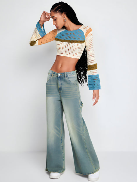 Pull Cropped Maille ajourée & Manches évasées