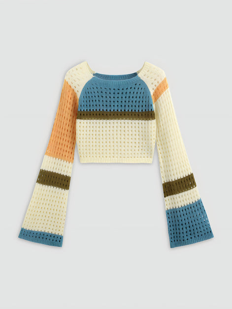 Pull Cropped Maille ajourée & Manches évasées
