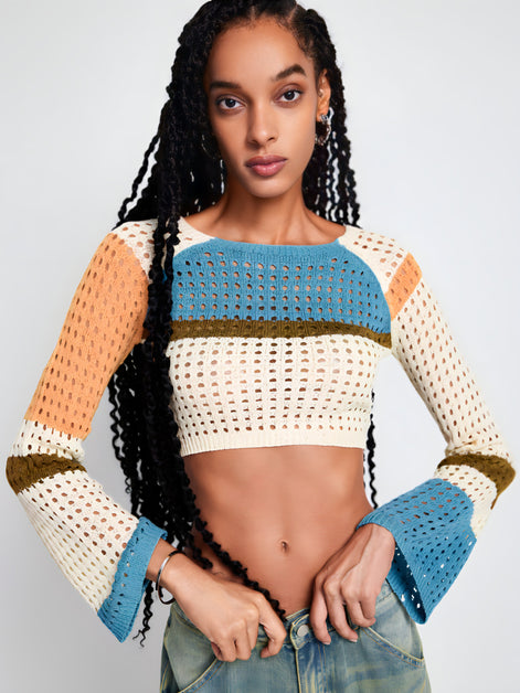 Pull Cropped Maille ajourée & Manches évasées