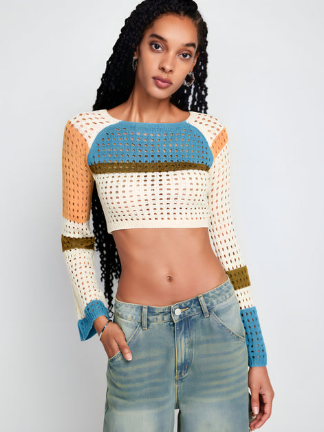 Pull Cropped Maille ajourée & Manches évasées