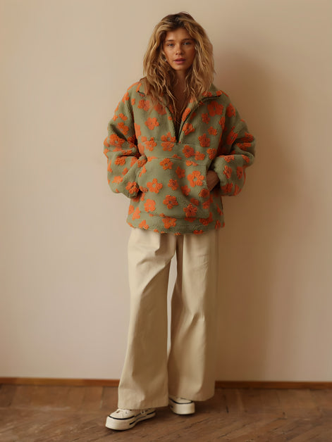Veste Polaire Sherpa à Fleurs Oversize