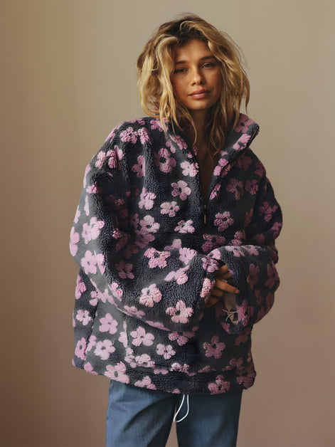 Veste Polaire Sherpa à Fleurs Oversize