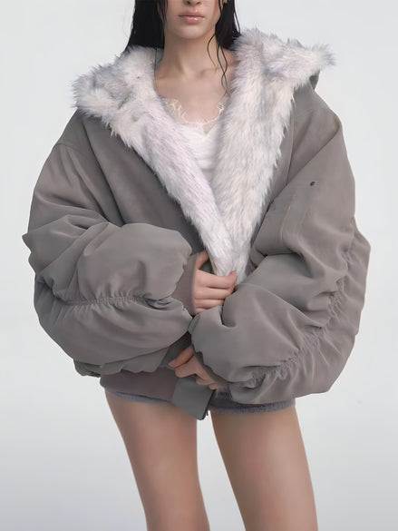 Blouson Oversize Réversible avec Col Fourrure