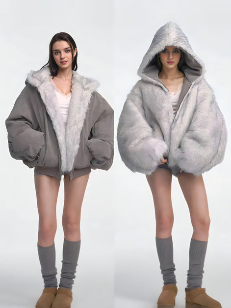 Blouson Oversize Réversible avec Col Fourrure