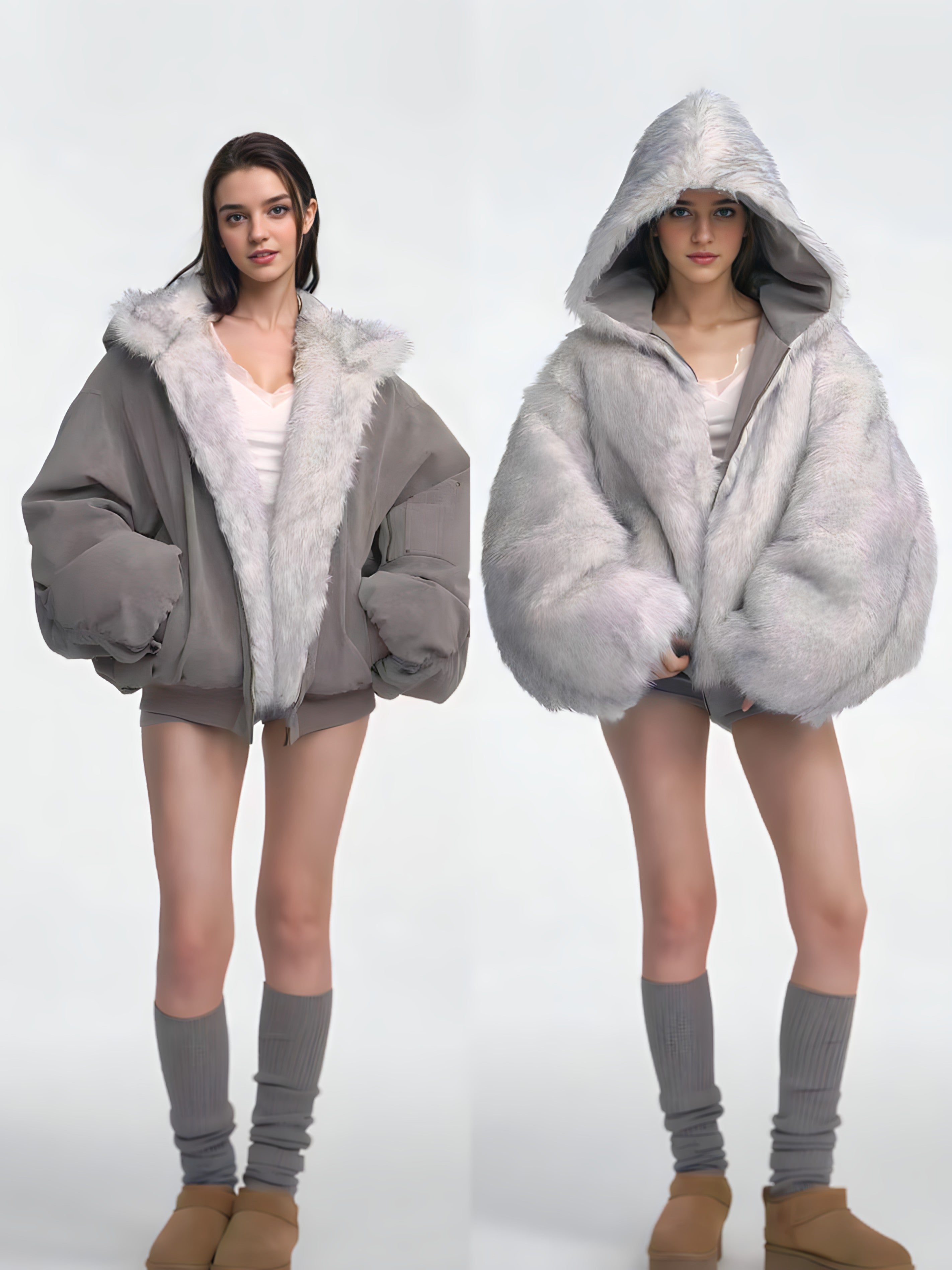 Blouson Oversize Réversible avec Col Fourrure