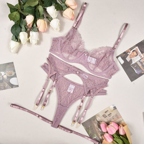 Ensemble Lingerie Sexy 3 Pièces – Dentelle & Jarretelles