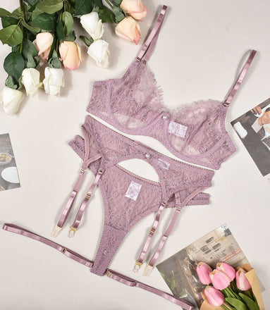 Ensemble Lingerie Sexy 3 Pièces – Dentelle & Jarretelles