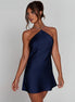 Robe Courte Satinée à Col Halter Strass