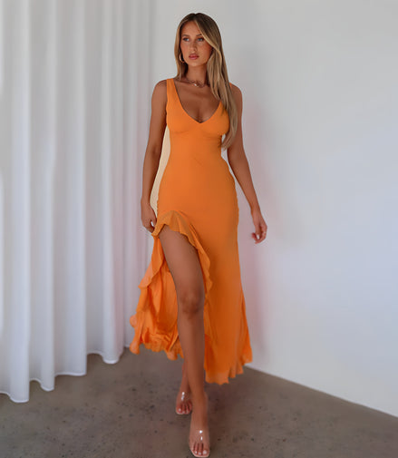 Robe Fendue à Volants – Jaune Élégant