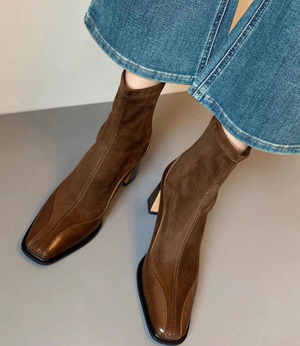 Bottines Carrées en Suède & Cuir