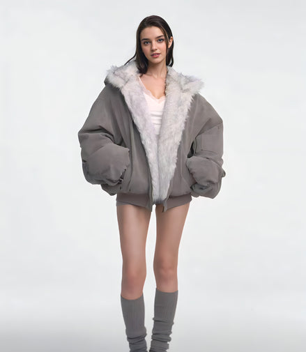 Blouson Oversize Réversible avec Col Fourrure