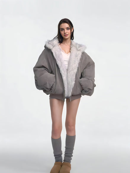 Blouson Oversize Réversible avec Col Fourrure