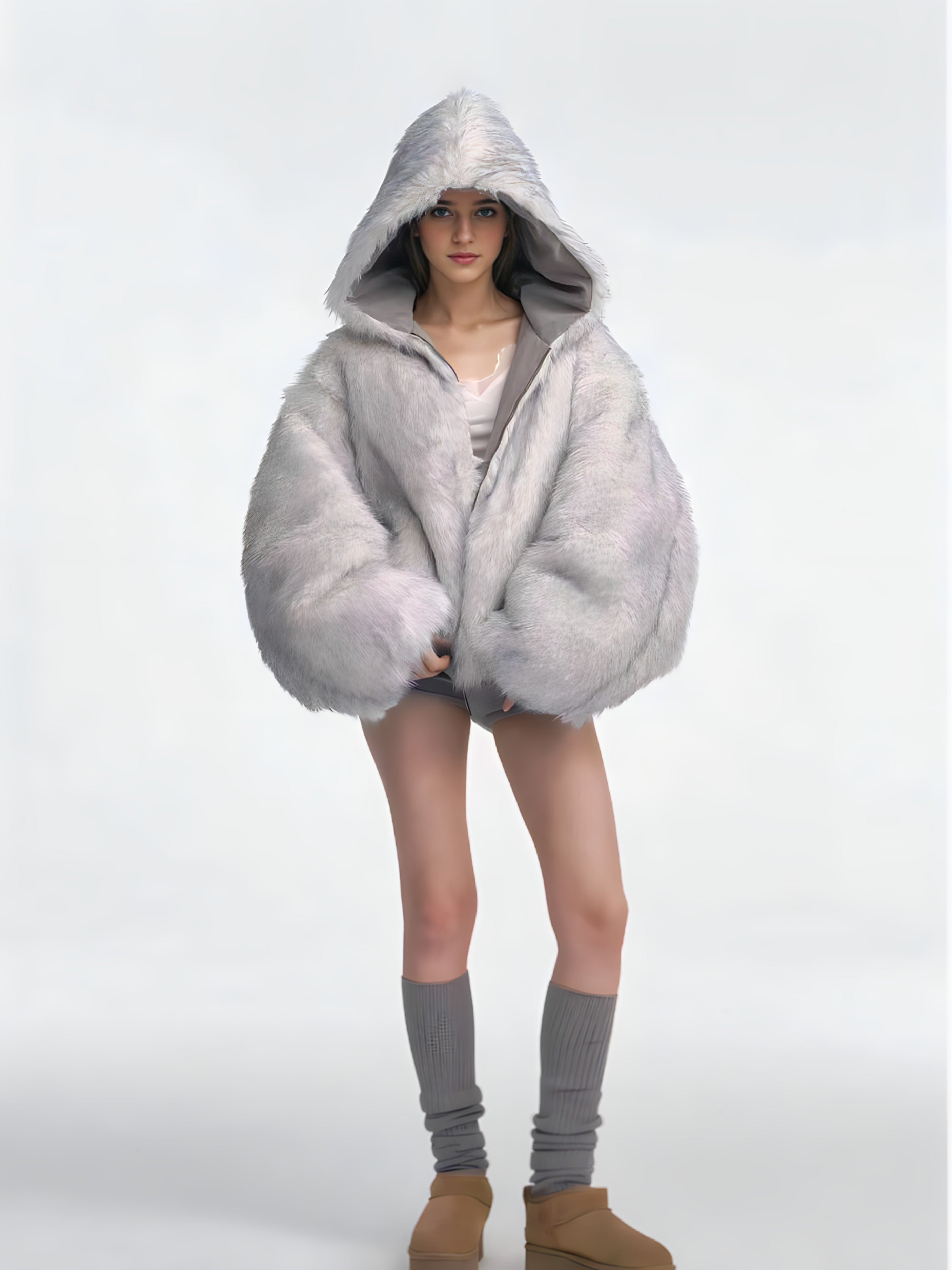 Blouson Oversize Réversible avec Col Fourrure