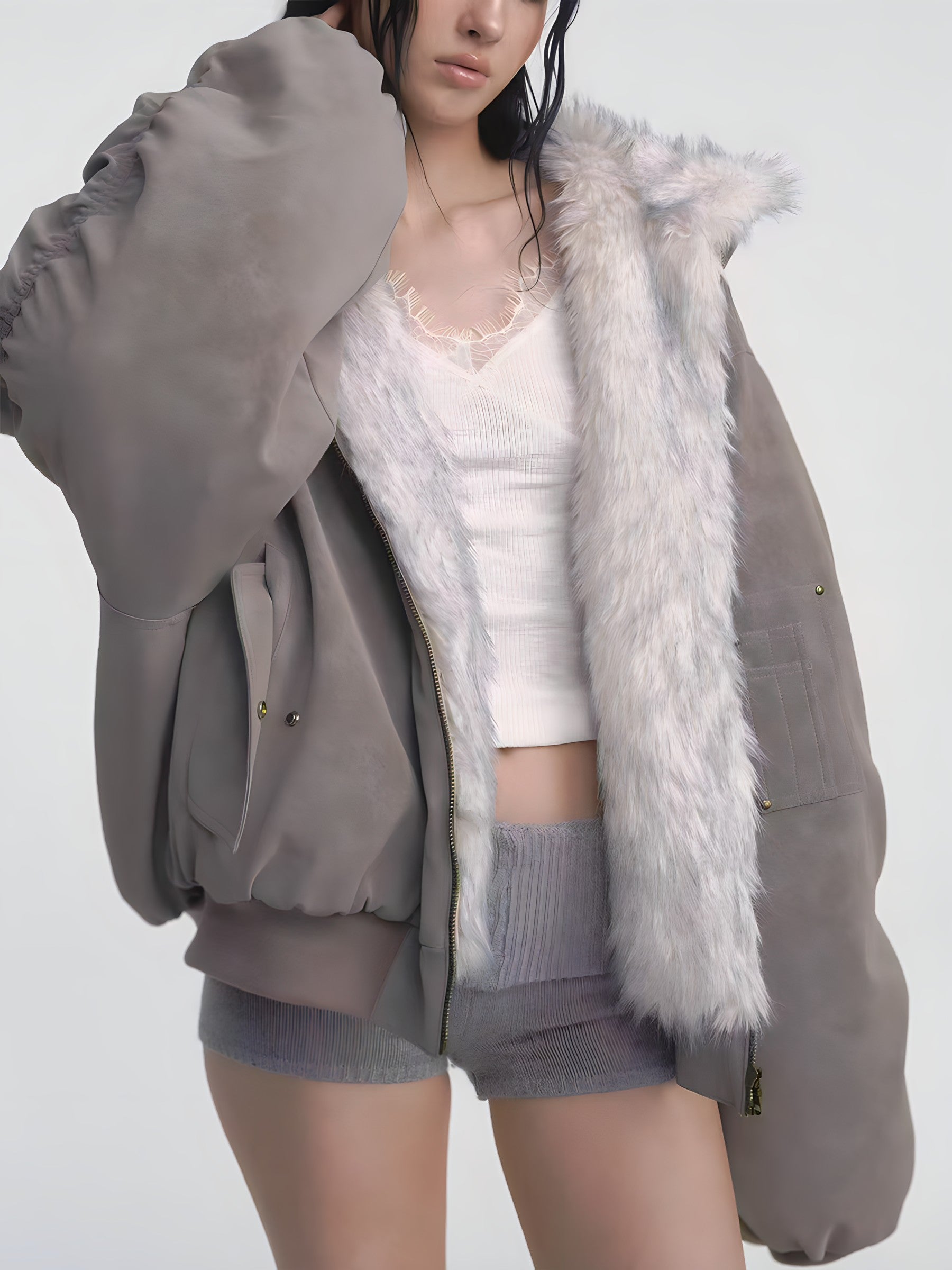Blouson Oversize Réversible avec Col Fourrure