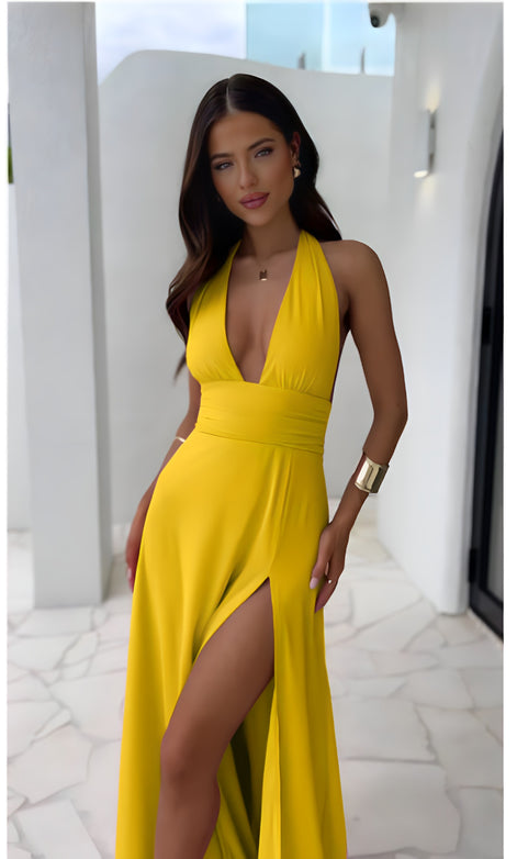 Robe Longue d’Été Dos Nu à Col Halter et Fente Sexy
