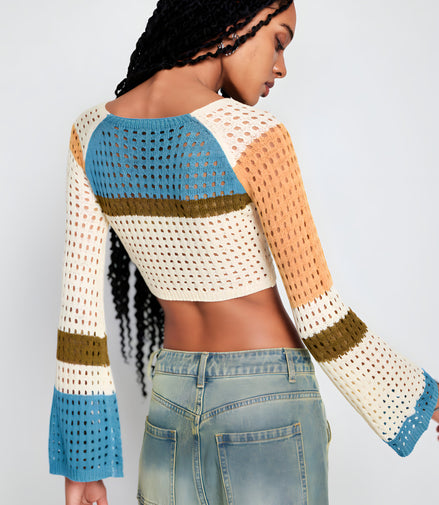 Pull Cropped Maille ajourée & Manches évasées