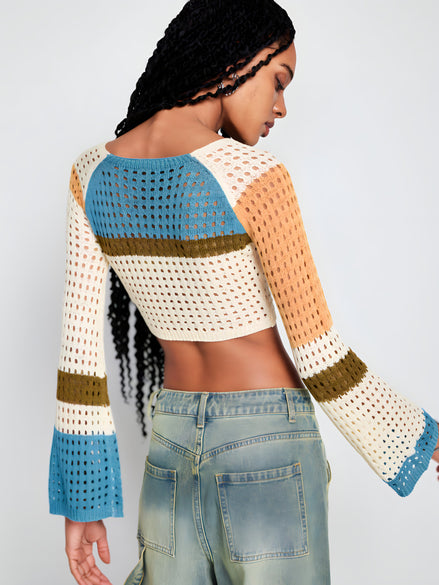 Pull Cropped Maille ajourée & Manches évasées