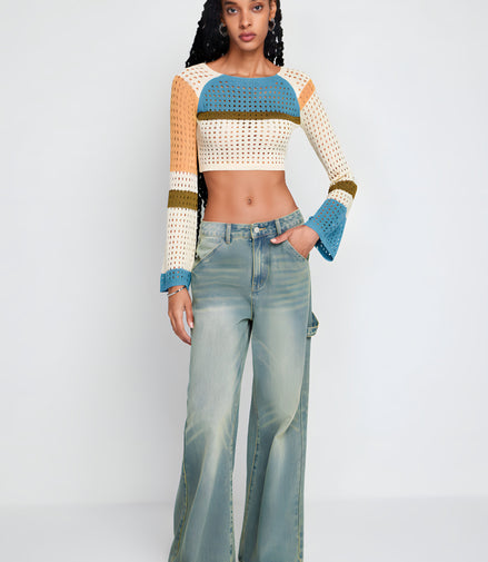Pull Cropped Maille ajourée & Manches évasées