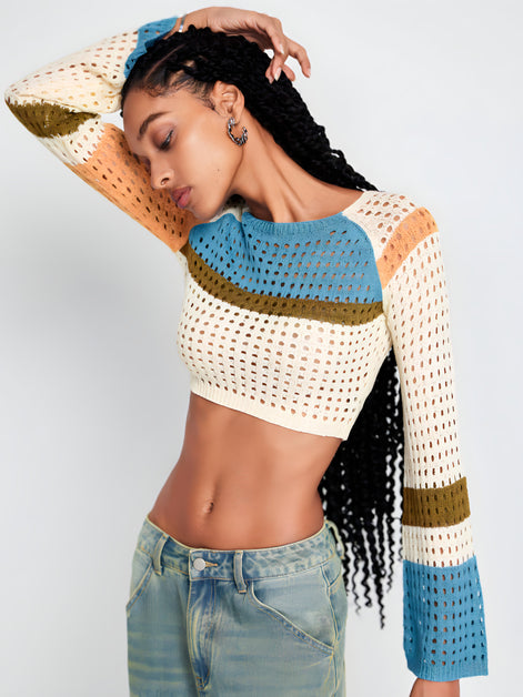 Pull Cropped Maille ajourée & Manches évasées