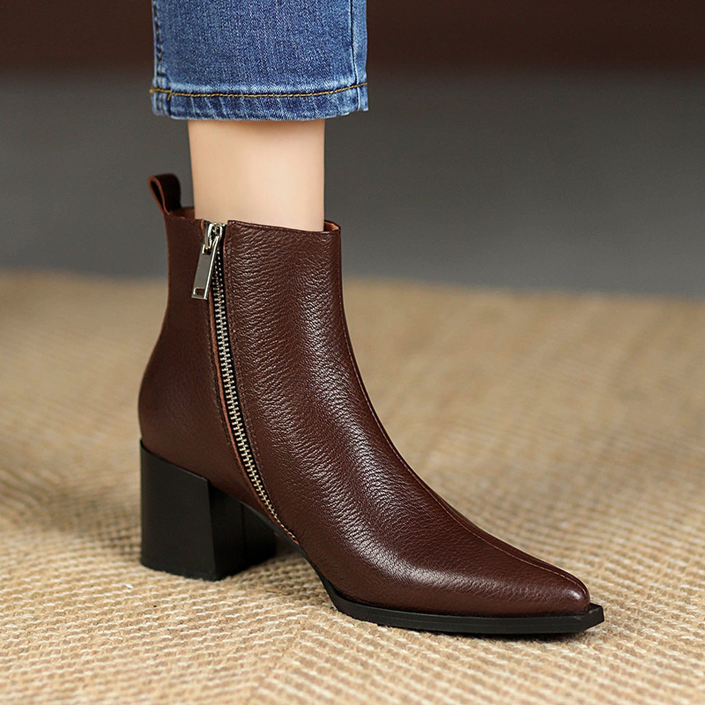 Bottines Pointues en Cuir Véritable
