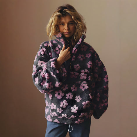 Veste Polaire Sherpa à Fleurs Oversize