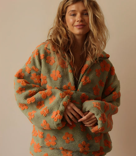 Veste Polaire Sherpa à Fleurs Oversize