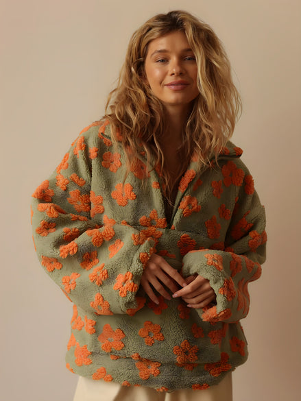 Veste Polaire Sherpa à Fleurs Oversize