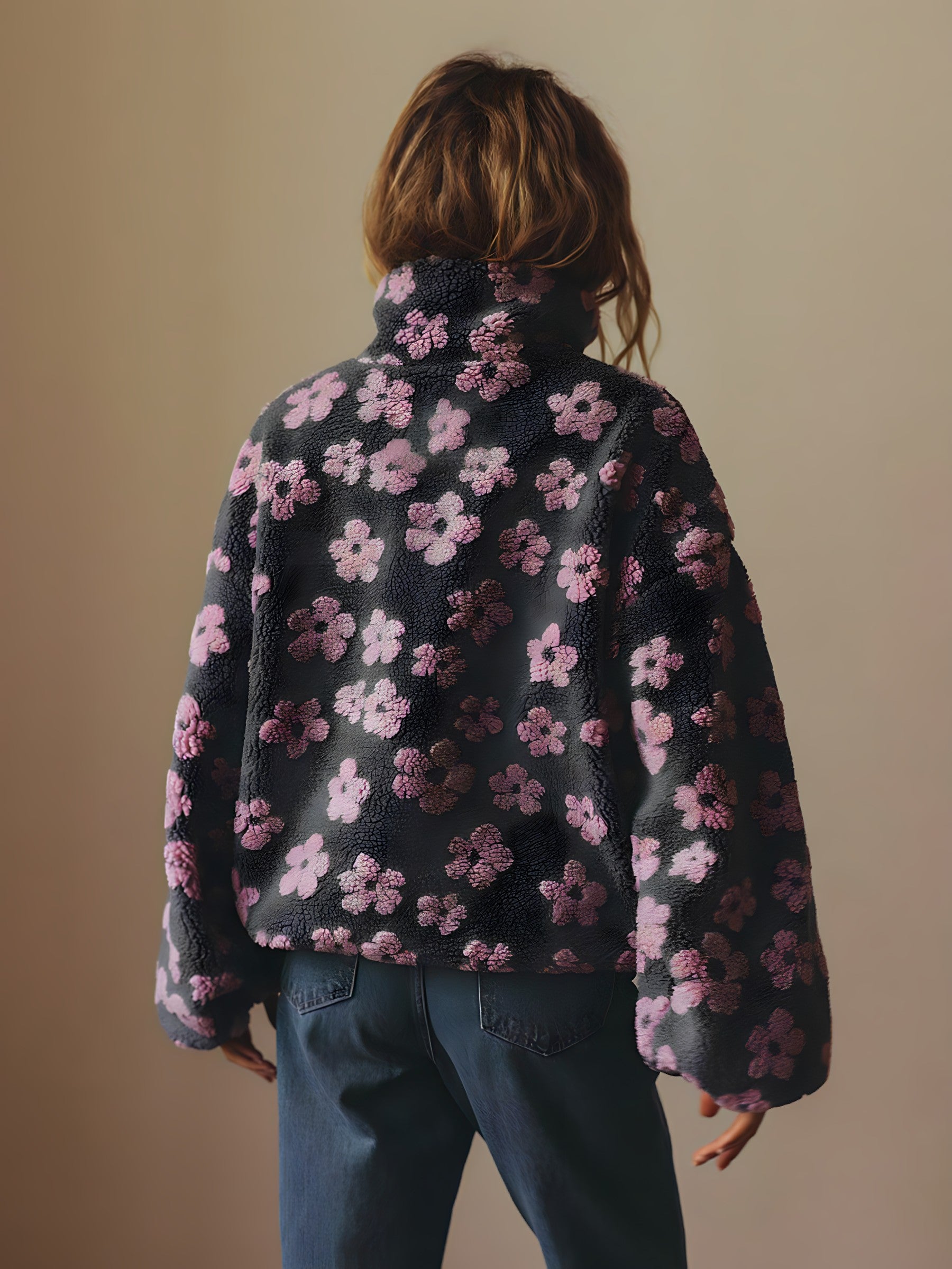 Veste Polaire Sherpa à Fleurs Oversize