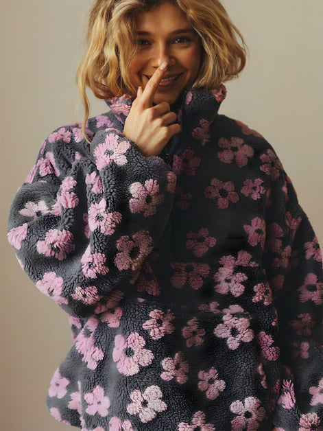Veste Polaire Sherpa à Fleurs Oversize