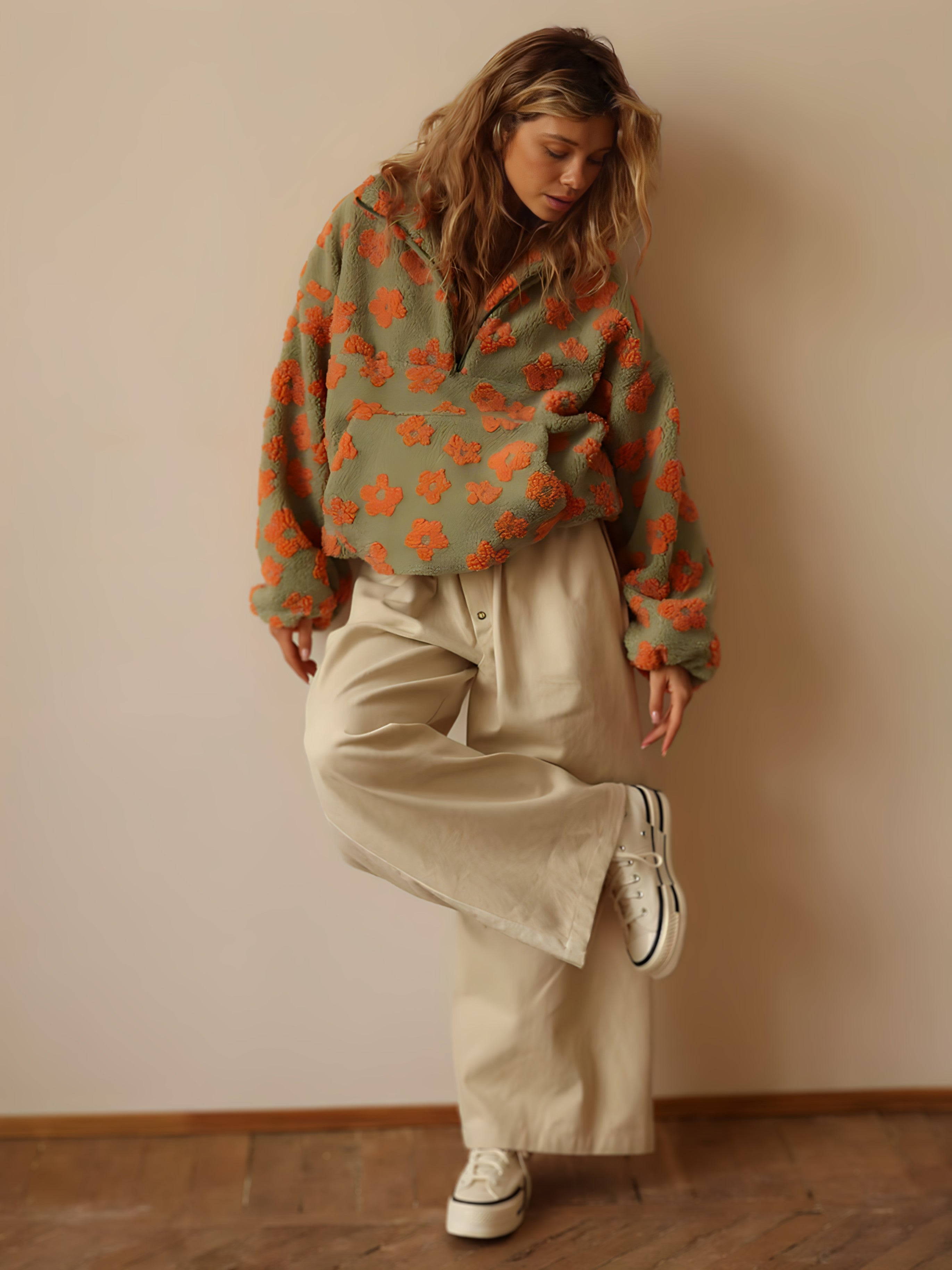 Veste Polaire Sherpa à Fleurs Oversize