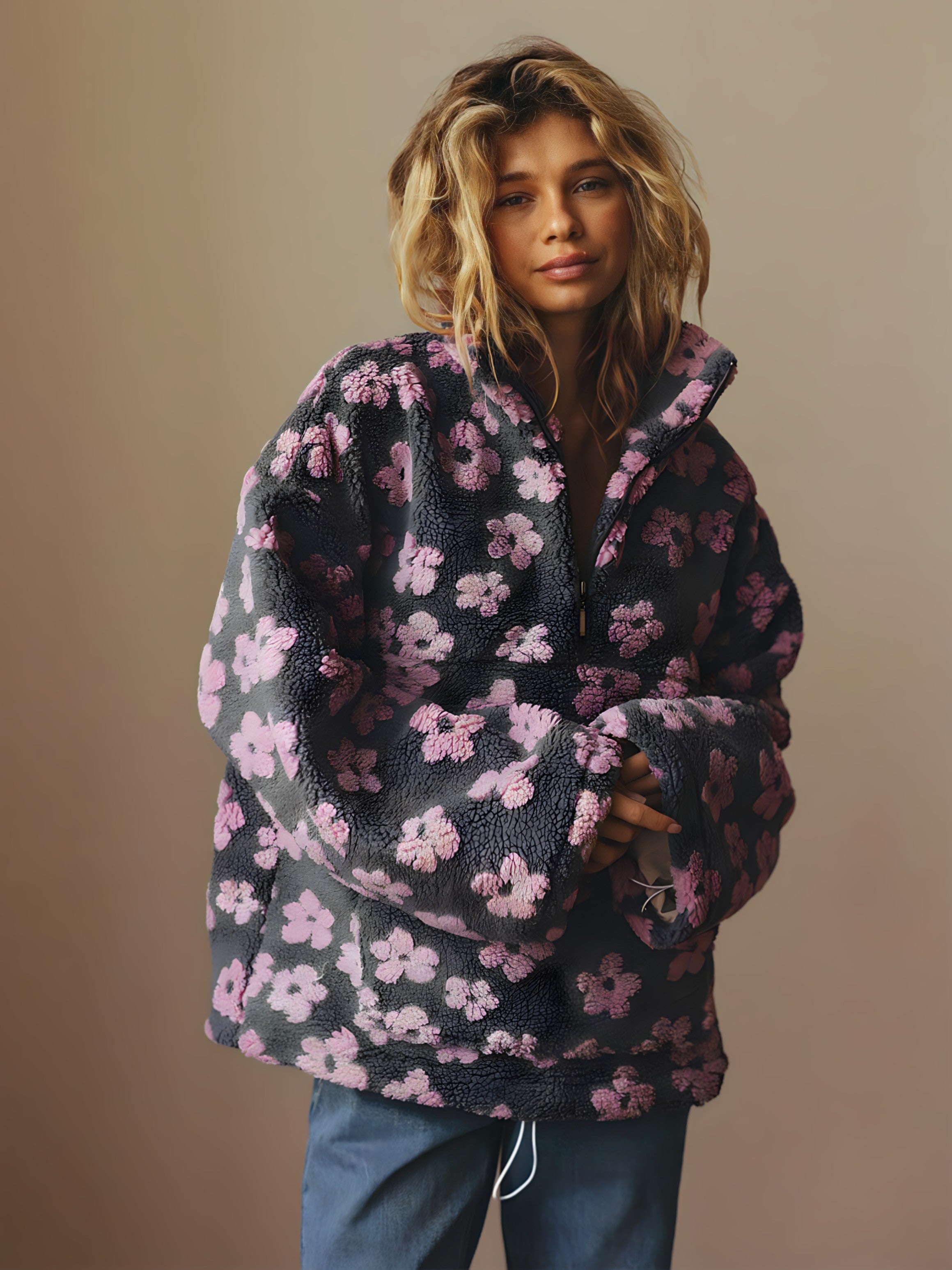 Veste Polaire Sherpa à Fleurs Oversize
