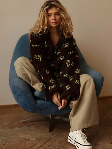 Veste Polaire Sherpa à Fleurs Oversize